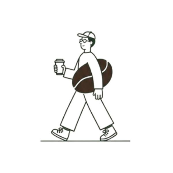 Bean Bob character carrying a coffee cup